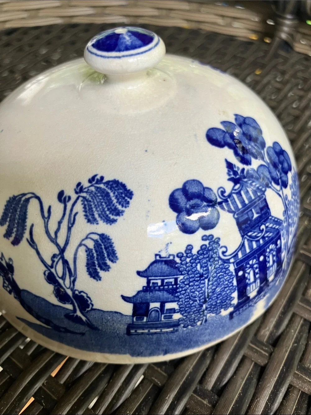 Antique Blue Willow Pagoda Butter Dish cover only stained no chips